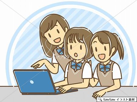 ノートパソコンの画面を見る女子生徒３人