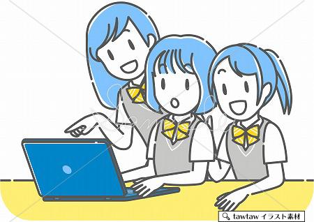 ノートパソコンと女子高生3人