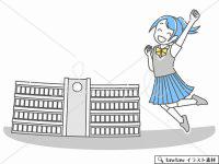 校舎の前でジャンプするポニーテールの女子
