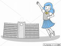 校舎の前でジャンプするロングヘアの女子