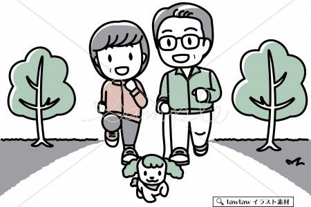愛犬と散歩を楽しむシニア夫婦のシンプルイラスト