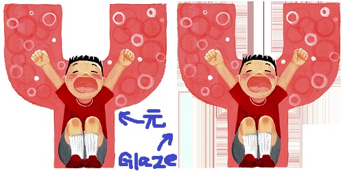 Glazeをかける前とかけたあとの比較画像。イラストは、Yの字の中であくびをしている子どもで、シンプルな絵の具塗り。