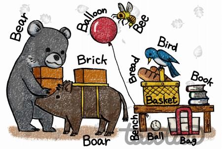 Bで始まる名前をもつものを描いたイラスト。Bear, Bee, Balloon, Bird, Brick, Bread, Book, Basket, Boar, Bench, Ball, Bag.