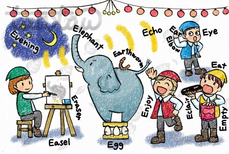 Eで始まる英単語を題材に描いたドローイング。左上から右下に、Evening, Elephant, Earthworm, Echo, Elbow, Ear, Eye, Eracer,Easel, Egg, Enjoy, Eclair, Eat, Empty. 中央に卵に乗る象、その周りに、思い思いに過ごすこびとたち。