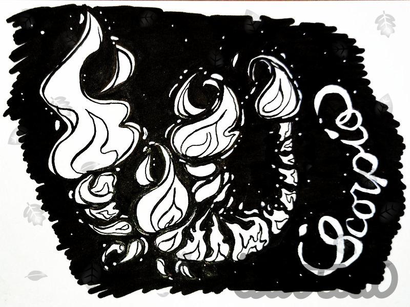 An ink drawing in white on a black background. A scorpion made of flames, with the word “Scorpio” on the right.