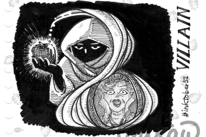 A black-and-white ink illustration. In the upper left, a hooded figure offers an apple, with the face in shadow and only the eyes visible. In the lower right, the queen’s face is reflected in a mirror, holding her cheeks with a stunned expression. Along the right edge, the text “#inktober52 VILLAIN” appears.