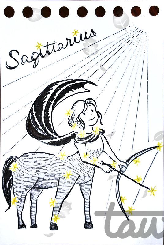 An black ink drawing with a Sagittarius star shape added in yellow pen. A female centaur looks upward while holding a bow. Radiating light comes from the sky, and the word “SAGITTARIUS” appears in the upper left.
