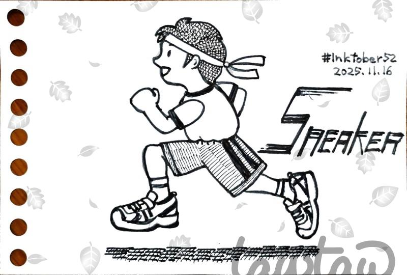 A small ink drawing of a boy running in sneakers.