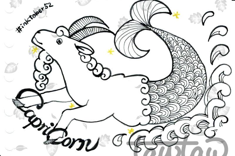 A simple ink drawing of a Capricorn motif. The upper body is a goat and the lower body is a fish. Yellow stars surround the figure, and the word “Capricorn” wraps around the goat’s legs.