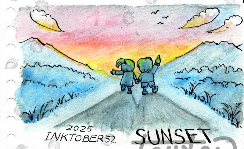 An ink and watercolor pencil drawing. At the center, two children seen from behind hold hands. The sky is filled with a sunset glow, and the surrounding area shows a peaceful country road.