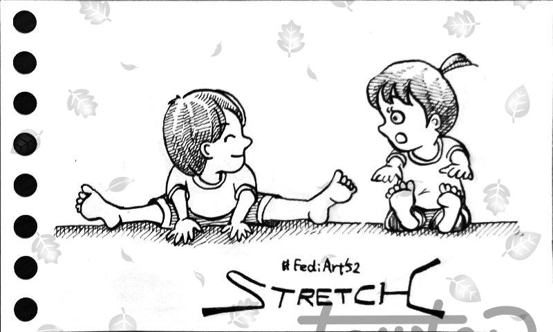 A small ink drawing. Two children are stretching while sitting on the floor. The child on the left bends forward to the floor, smiling while looking at the child on the right. The child on the right looks back with a surprised expression.