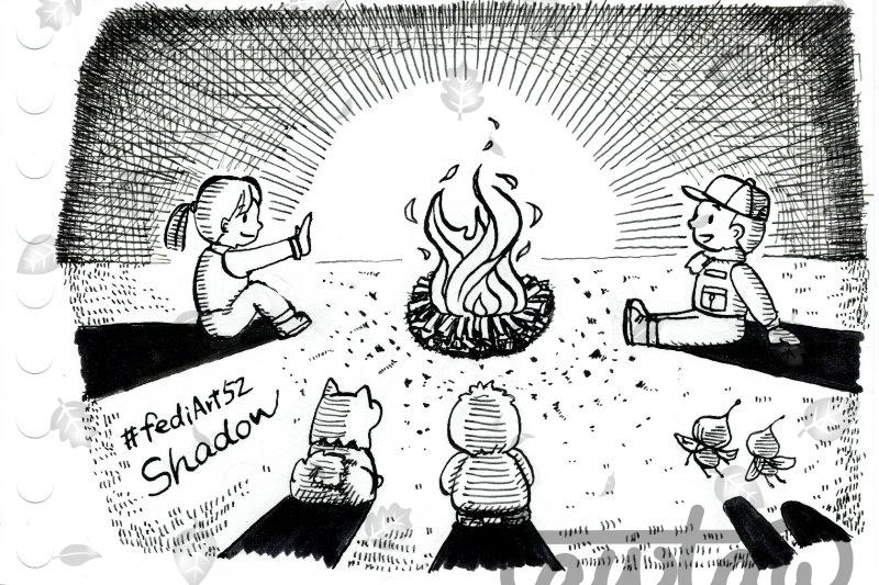 A black-and-white ink drawing. At the center, a campfire glows, with three people and a dog sitting around it. On the right edge, two floating creatures appear. Long shadows stretch from each figure, with the center lit by the fire and the surroundings in darkness.