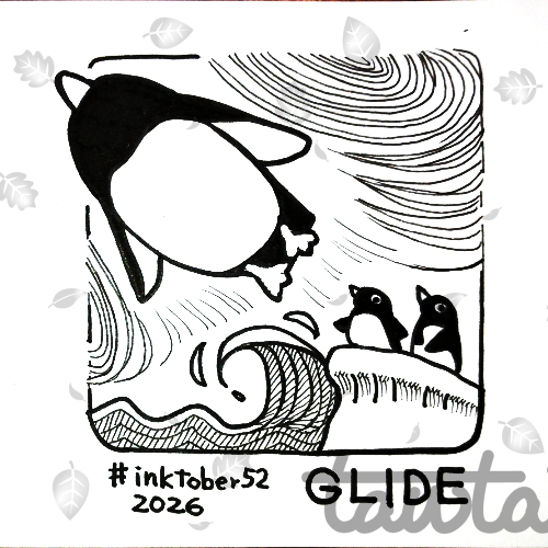 A simple ink drawing. A penguin dives, seen from below, with its beak pointing toward the upper left. Two small penguins watch from a cliff in the lower right, with waves in the lower left.