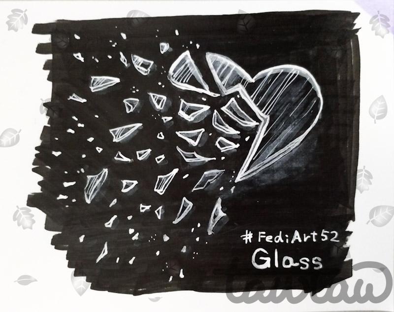 A white ink line drawing on a black background. The left side of a glass heart is shattered, with fragments scattering outward.