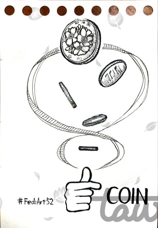 A simple ink drawing of a coin toss, with coins in mid-air and a tossing hand at the bottom. One side of the coin shows a flower design, and the other shows the number 100.
