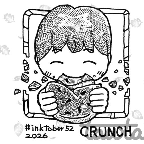 A small ink drawing. A close-up of a smiling child crunching a senbei. Crumbs are flying around.