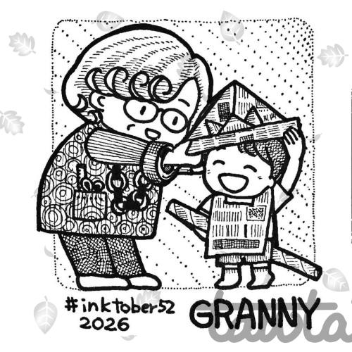 A small ink drawing. A grandmother putting a newspaper hat on a child's head. The child is smiling and wearing a vest made of newspaper.