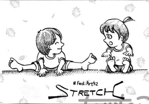 A small ink drawing. Two children are stretching while sitting on the floor. The child on the left bends forward to the floor, smiling while looking at the child on the right. The child on the right looks back with a surprised expression.