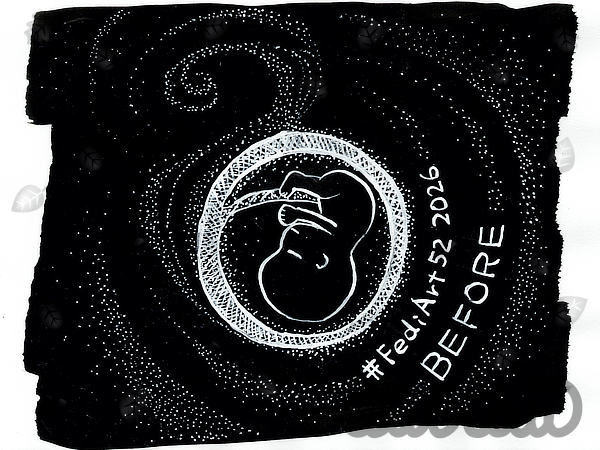 A white ink drawing on a black background. A fetus floats upside down inside a circle at the center, surrounded by dotted curved lines.