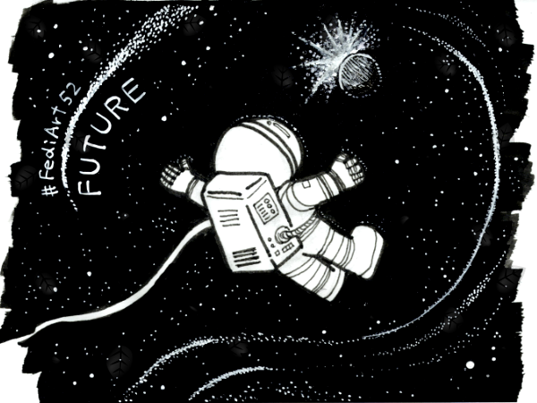 A white ink drawing on a black background. An astronaut floating in space, looking at a distant star.