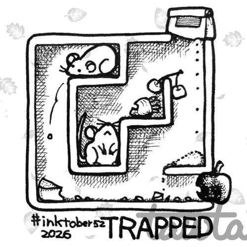 A black and white drawing of two mice inside a maze. Pieces of food are scattered along the path. The entrance and the exit are blocked.