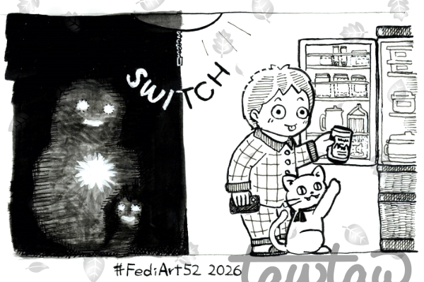 Ink drawing.
Left: Two pairs of white eyes and mouths glowing in the darkness with a faint light accent.
Right: A young man in front of an open refrigerator holding a beer can and smiling sheepishly. A cat reaching toward the fridge beside him.
Above: A ceiling light and the word "SWITCH".
