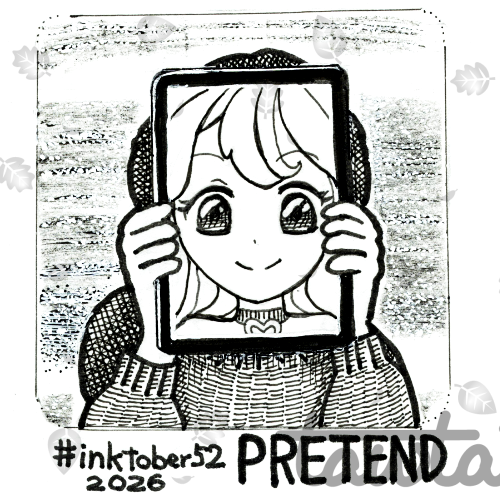 Ink drawing.
A person holds a tablet in front of their face, completely covering it. The screen displays a close-up of an anime girl’s face.