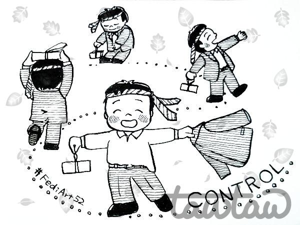 Ink drawing showing four images of the same tipsy man zigzagging toward the viewer, holding a takeout box with a necktie tied around his head.