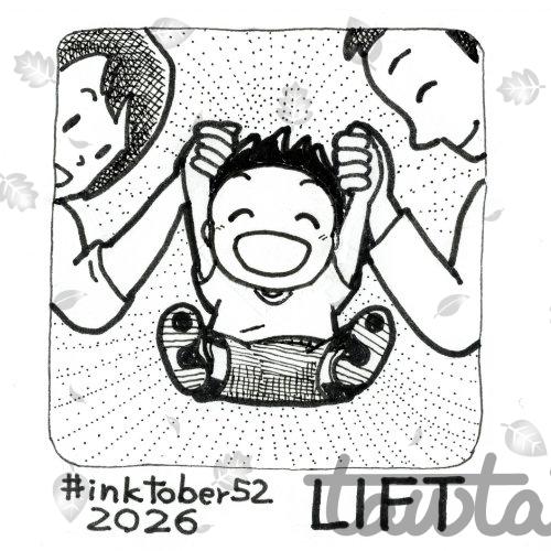 Ink drawing of a smiling child being lifted up by two adults holding its hands, with radiating lines in the background.