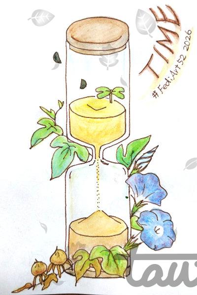 Colored drawing of an hourglass with sand falling from the top bulb to the bottom. A small sprout with two leaves grows from the sand inside the upper bulb. Morning glory vines wrap around the glass, showing a life cycle of seed, leaves, flower, and seeds again.