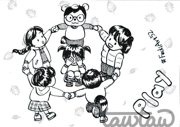 Ink drawing. Five children hold hands and form a circle. In the center, a girl sits with her eyes covered. Two of the children have tails and leaves on their heads.