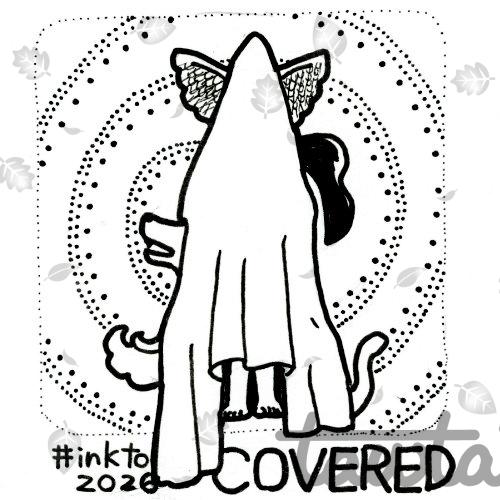 Ink drawing. A tall triangular shape is covered with white fabric. Parts of figures peek out from beneath the cloth: wings, a black tail, a mouth, a fluffy tail, human legs, and a slender tail. The text “inktober52 2026 COVERED” appears at the bottom, partially hidden by the fabric.