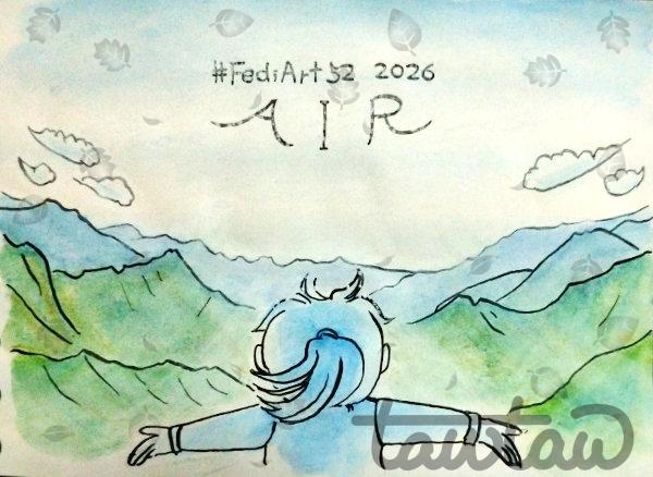 Ink drawing colored with watercolor pencils. Mountain ranges stretch beneath a wide blue sky. In the foreground, a person is seen from behind with their arms spread wide.